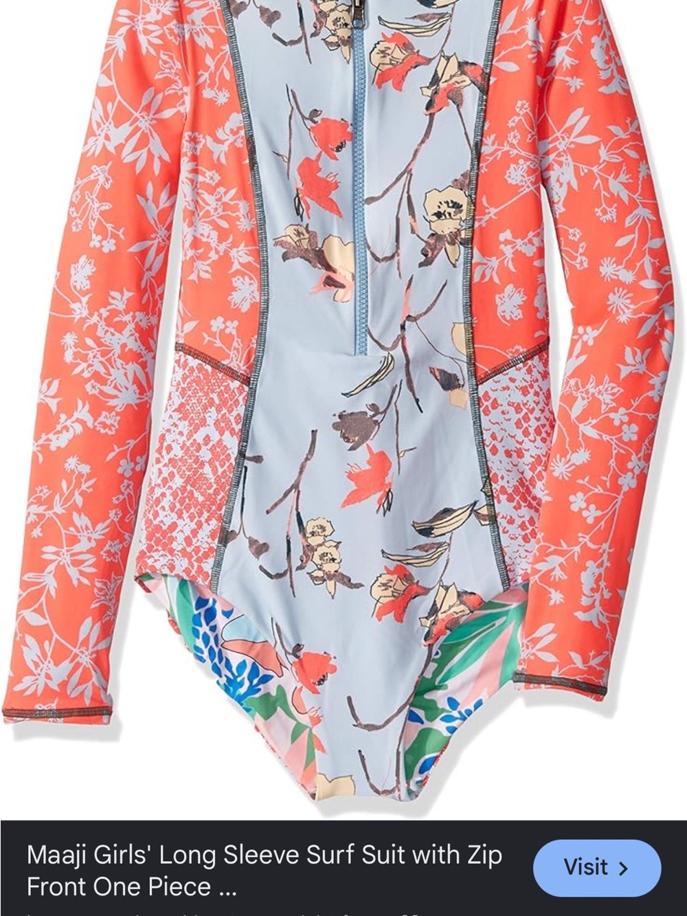 Maaji Girls' Long-Sleeve One-Piece Swimsuit in Coral & Light Blue Floral